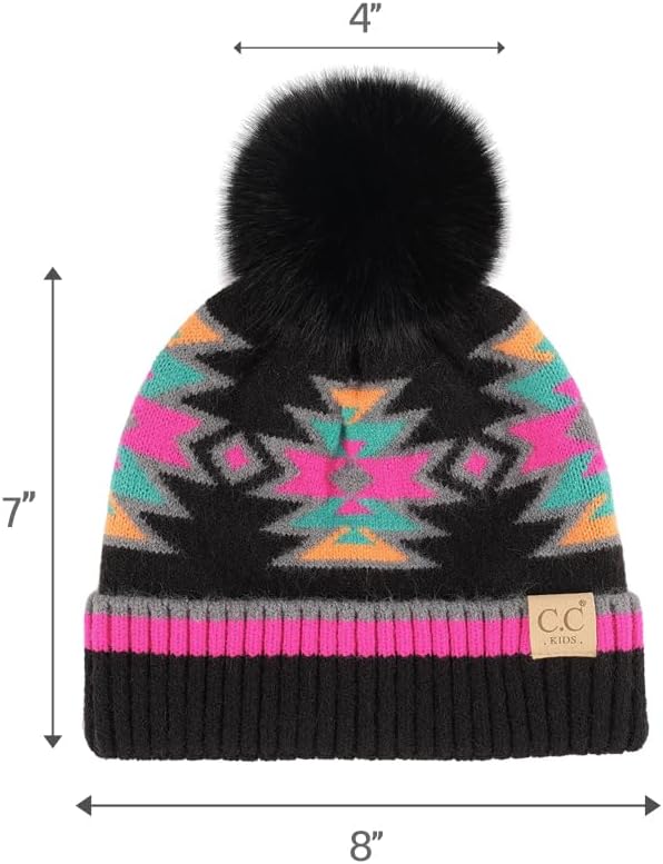 C.C Kids Southwest Pattern Fur Pom Beanie for Boys Girls - Comfortable Soft Warm Children Youth Knit Skully Hat with Faux Pom - Image 5