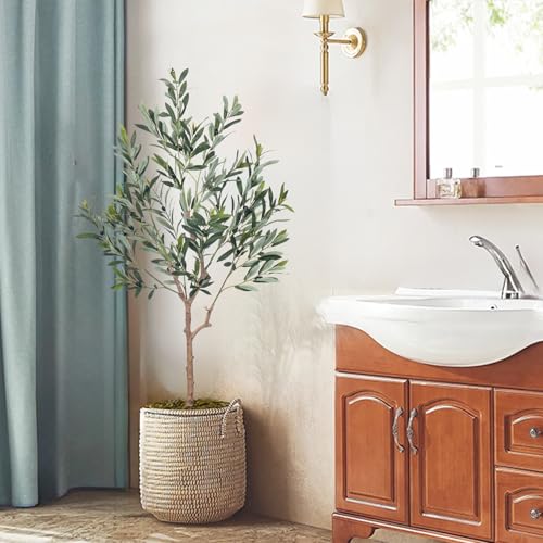 Olive Tree Artificial Plant 4FT. Artificial Olive Tree Mediterranean Silk Screened Broad-leaved Olive Tree with Realistic Fruit, Lifelike Plant Nordic Style Home Aesthetic Hotel Decor