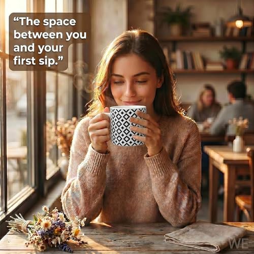 Image of U.P.C. Minimal Black White Diamond Bone China Mug Set of 6, Modern Tea Coffee Cups for Home, Cafe & Office
