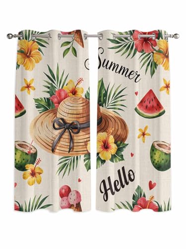 Summer Beach Window Curtains Panels with Silver Grommet,Straw Hat Coconut Watermelon Tropical Kitchen Cafe Curtain Draperies Window Treatment Set for Living Laundry Room/Bedroom/Bathroom/Cafe,84x84