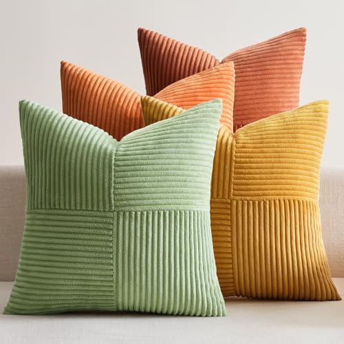 EMEMA Kissenbezug Kordsamt 4er Set Herbst Patchwork Kissenhülle 40x40 cm Zierkissenbezug Dekokissen Sofakissen Kord Dekorative Kissen für Sofa Sessel Zuhause Schlafzimmer Orange-grün Serie