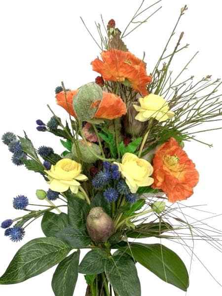 Generico Composizione Floreale Estiva con Papaveri e Ranuncoli, Bouquet Naturale con Echinops, 63 cm