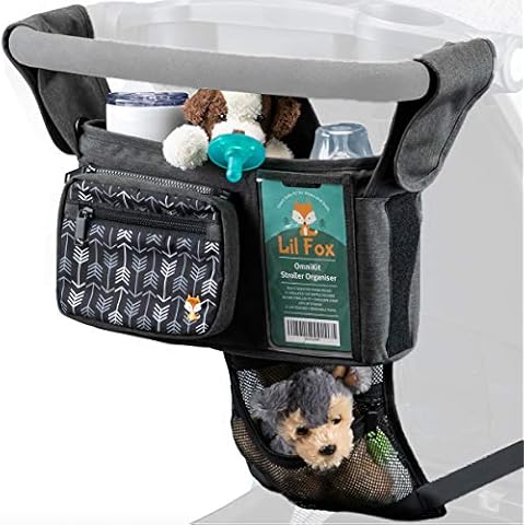 OmniKit Baby Stroller Organizer with LARGE Smart Phone Holder by Lil Fox. Stroller Bag Bottle and Stroller Cup Holder, Stroller Caddy for Baby Things. Stroller Accessories, Unisex Baby Shower Gifts Cover