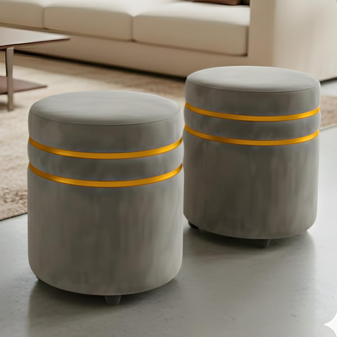 AHAMNA Decorative Ottoman Pouffes for Sitting - Two-Piece Set of Puffy Stools and Footstools - Round Ottoman Stool for Living Room Furniture (Grey)