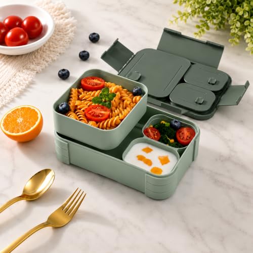 Image of daiDokoro 3 Removable Compartment - 1100 ML Bento Lunch Box | Compact BPA Free, Leak-Proof, Microwave & Dishwasher Safe Tiffin for Office Use, School & Travel (Viridian Green)