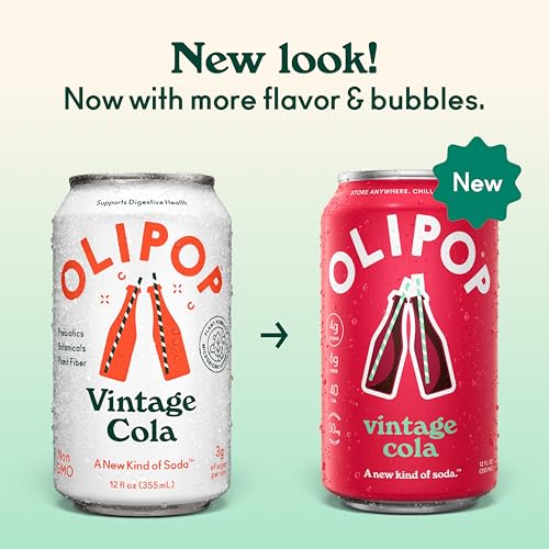 Image of OLIPOP Prebiotic Soda Pop, Vintage Cola, Pantry Pack Packed with Prebiotics, Fiber, and Botanicals, Gluten Free, GMO Free, 12oz (12-Cans) (Packaging May Vary)