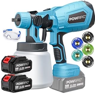 POWRIFIC Cordless Paint Sprayer, 20V Electric Spray Gun Kit with 2 Batteries & 1000ml Container, 5 Copper Nozzles, High Power HVLP Spray Gun for Fences, Walls, Ceilings, Wood, Garden & Furniture