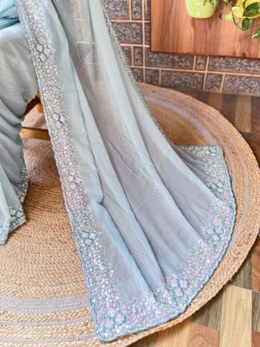 Image of AKHILAM Women's Multicolor Georgette Embellished Saree with Unstitched Blouse Piece(KESARI9501 KR Parent)