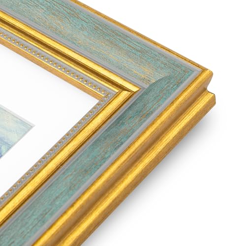 Image of Golden State Art,8.5x11 Ornate Picture Frame Holds 6x8 Photo,Blue Gold | Includes plexiglass front,white mat,easel stand,build-in hangers and buttons.Displays 6x8 photo on wall or tabletop