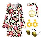 Deerjoke 60s 70s Disco Outfit Hippie Costume Women, 1970 Style Clothes Dress Accessories Jewelry Halloween (Black, Medium)