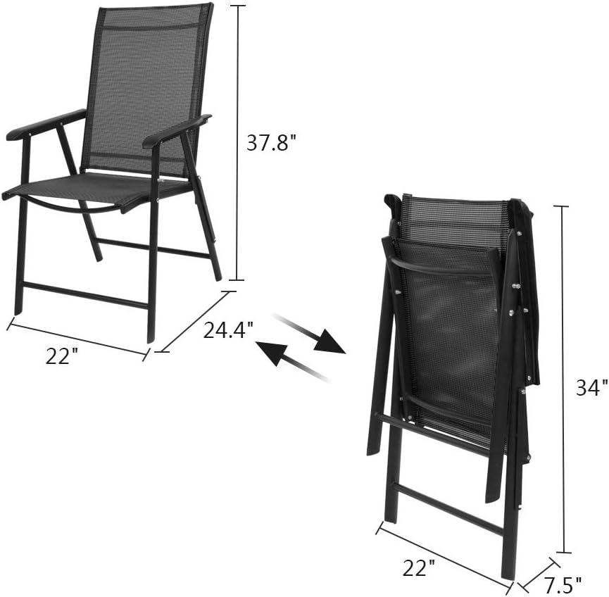 Upgraded Set of 4 Folding Chairs with Arms - Portable Outdoor & Indoor Sling Back Chairs for Lawn, Pool, Balcony, Courtyard & Garden (Black)