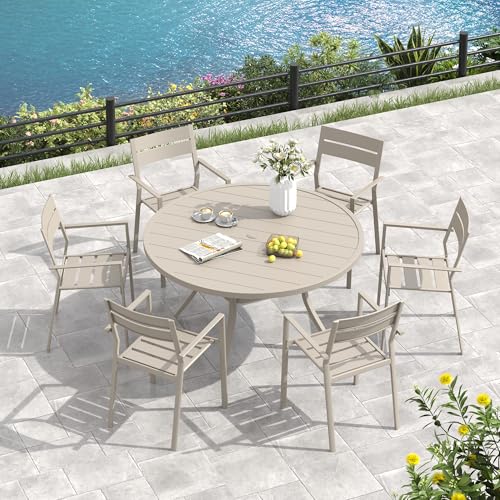 Image of VICLLAX 53 inch Round Patio Table, Outdoor Dining Table for 8 with Umbrella Hole for Garden Lawn Deck Backyard, Sandshell