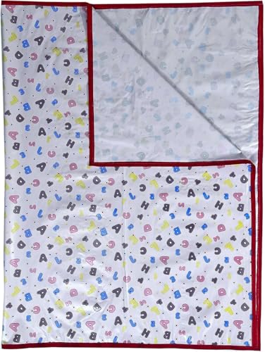 Image of Waterproof PVC Plastic Mattress Protector Double Bed Flat Bedsheet with Elastic for Babies Girls & Boys (Pink ABC)