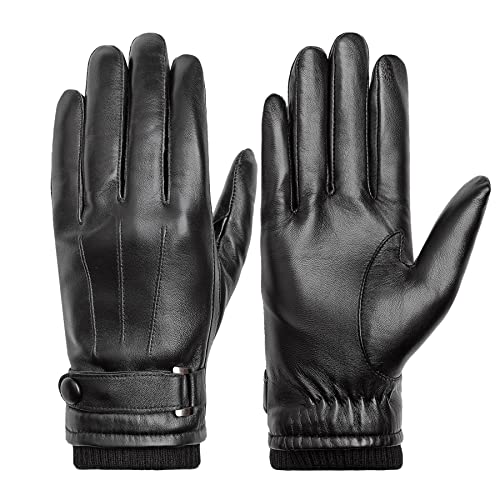 BISON DENIM Gants d'hiver thermiques en cuir véritable pour homme avec écran tactile - Gants chauds doublés en polaire - Coupe-vent et imperméables, Noir , L Cover