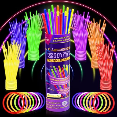 Glow Bars, 100 Fluorescent Bracelets and 100 Connectors, Neon Kit...