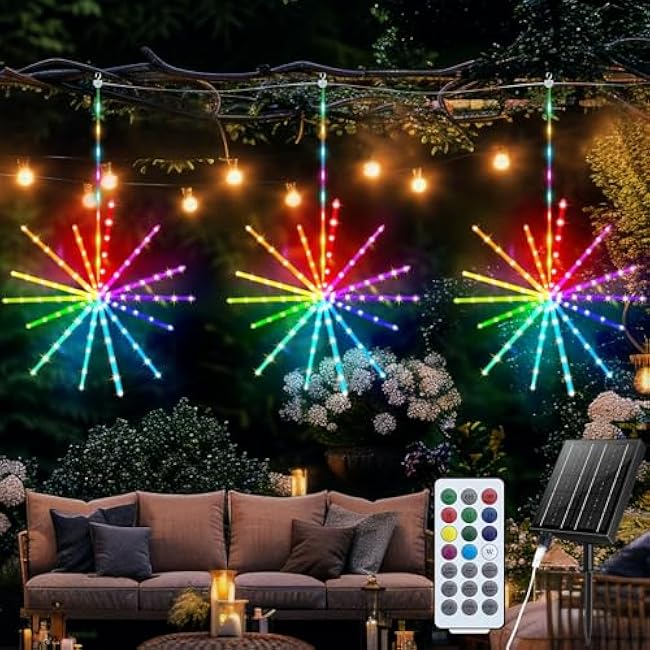 Solar Fireworks Lights for Outside, 3 Pack IP65 Waterproof Hanging Fairy Light with Remote Control & Timer, Color Changing Starburst Lights for Garden, Yard, Party, Wedding, Christmas Decor