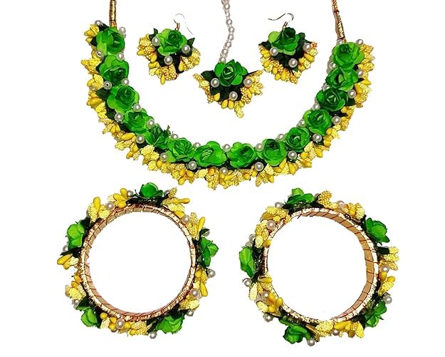RealTrend flower jewellery Set- Necklace, Earings, Mangtika, Bangles for Girls/Women (Haldi/Mehandi/Bridal/Wedding/Baby shower) (Green) (B0D2F7LXGZ) Amazon Price History, Amazon Price Tracker