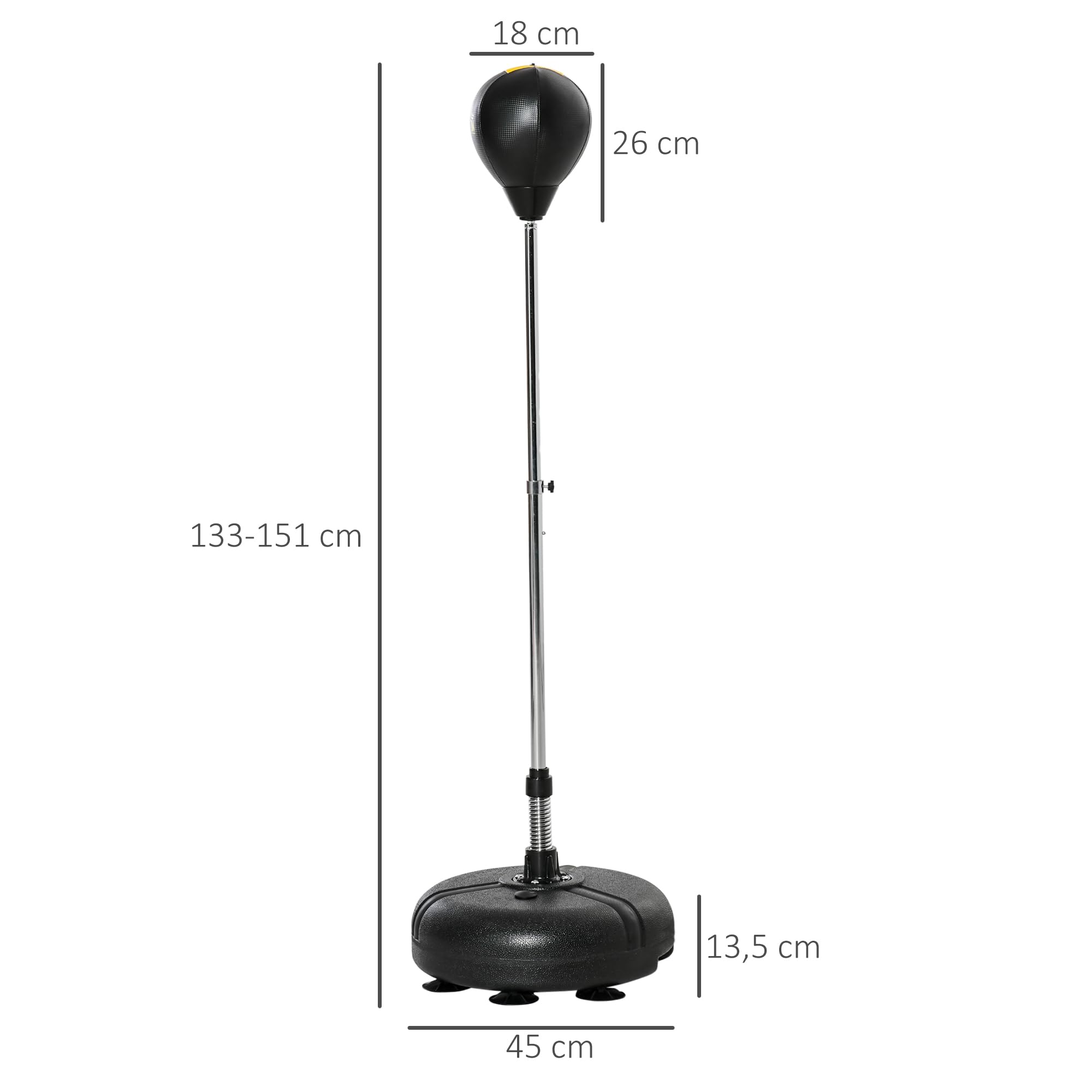 HOMCOM Punching Ball sur Pied réglable en Hauteur 133-151 cm, Sac de Frappe sur Pied avec 2 Gants, Base lesté avec 6 ventouses, pour Exercice à Domicile, soulagement du Stress et Fitness, Noir