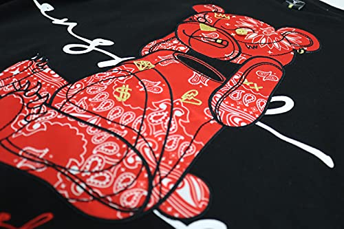 Screenshot-H1122 Mens Urban Hip Hop Premium Fleece Hoodie - Head Lifting Paisley Cartoon Teddy Bear Fashion Hooded Sweatshirt-Black/Red-Medium #TOP6