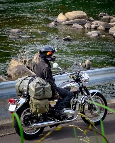 BORLENI Waterproof Motorcycle Dry Duffel Bag Luggage Tail Bag with Large Storage Space,Roll Top Closure, Shoulder Straps, Inner Pocket and Mesh Pocket for Motorcycling Travel Camping (Army Green,50L)2