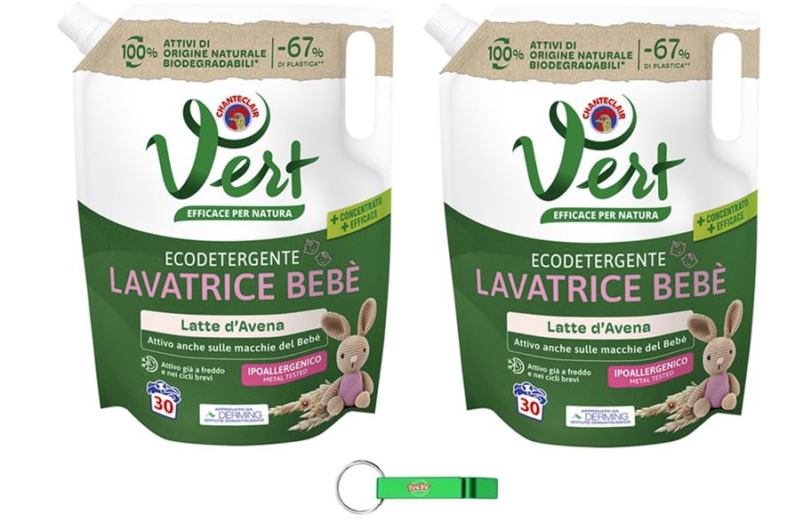 Chanteclair Vert Detergente líquido para niños Lavatrice Bebè leche de avena - Detergente ecológico para ropa infantil - 30 lavados, bolsa de 1200 ml + llavero Beni Culinari gratuito