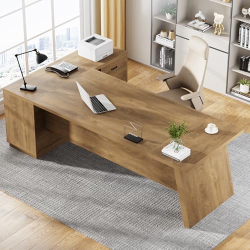Image of Tribesigns 78 inch L-Shaped Executive Desk, Large Modern Office Desk with Drawers and Lateral File Cabinet, Business Furniture with Storage Shelves, Big Computer Table for Home Office (Brown)