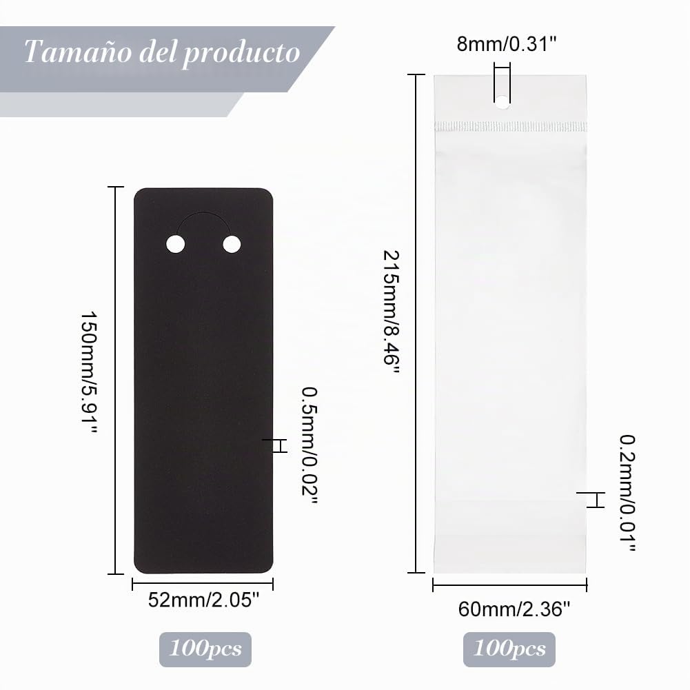 PH PandaHall Set de 100 Tarjetas de Visualización con Llaveros y Bolsas Autosellantes, Soporte de Papel Negro para Exhibición, Embalaje de Joyas, Negro