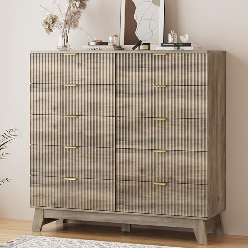 Image of Xixini Fluted Dresser for Bedroom with 10 Drawers, 48 inch Wide Modern Chest of Drawers with Metal Handle, Wooden Dresser TV Stand, Wood Closet Clothes Storage Organizer for Living Room, Hallway, Grey