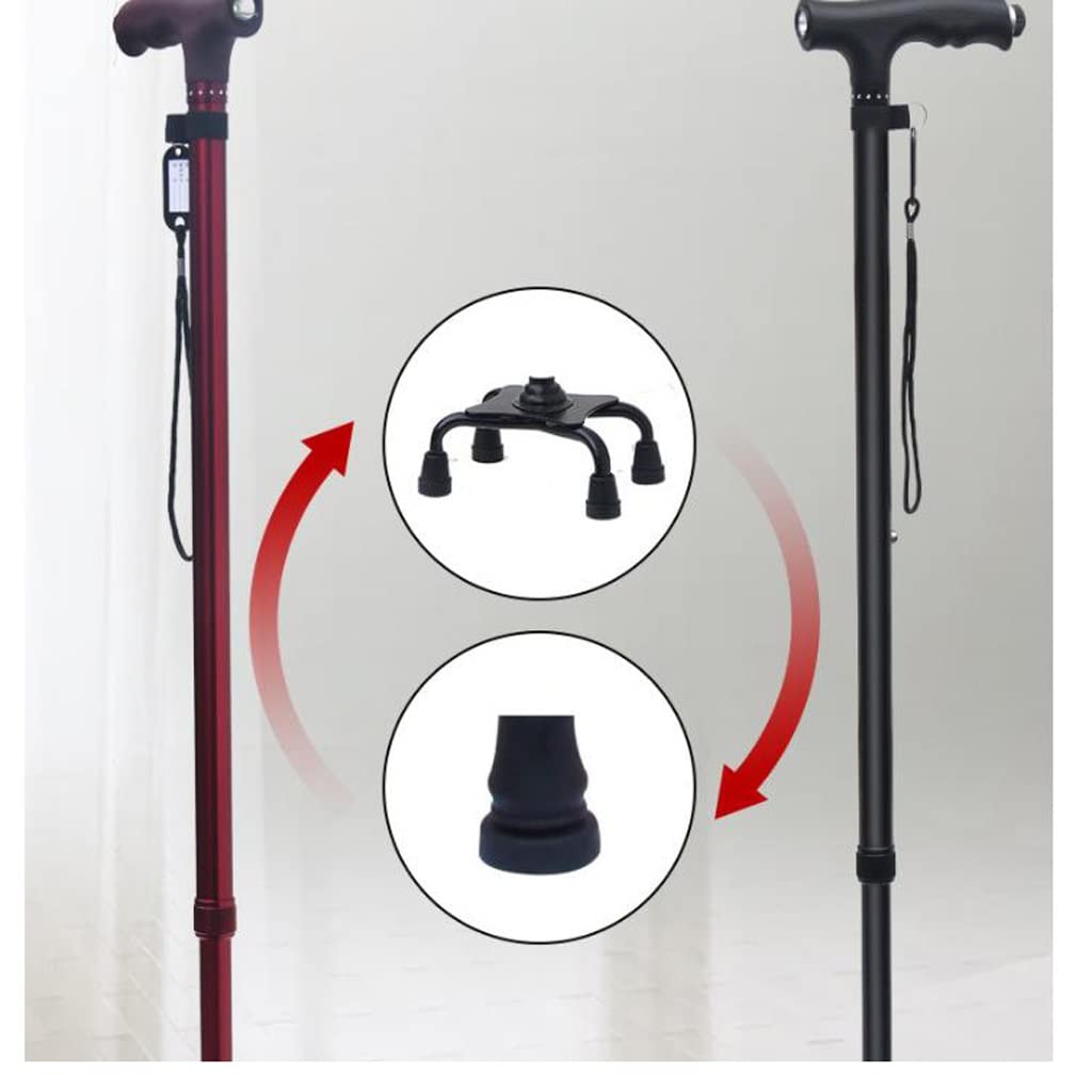Stampelle a Doppio Uso per Anziani, Bastone Antiscivolo, a Quattro Gambe, telescopico Illuminato Leggero, a Quattro Angoli