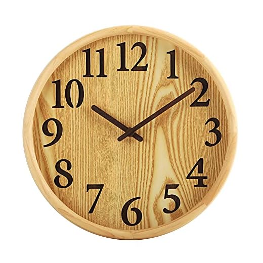 12 Inches Round Wooden Wall Clock Battery Operated Silent Non-Ticking,Wood Pointer&No Glass Cover,for Office Kitchen Bedroom Classroom&Living Room, Nature 05