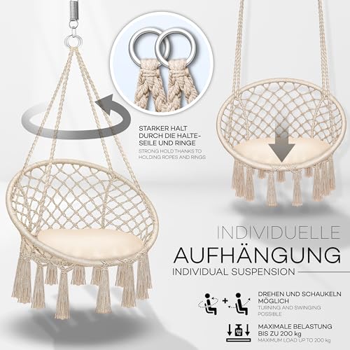 tillvex Hängesessel 200kg zum Aufhängen | Hängestuhl Indoor & Outdoor | Hängekorb wetterfest | Schaukelkorb mit Kissen