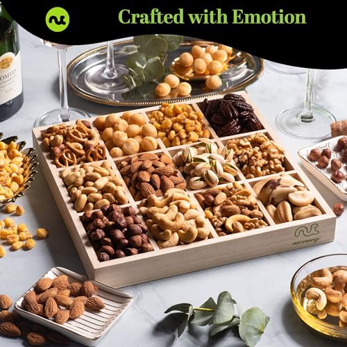 Nut Cravings VALENTINE'S-DAY-12-WOOD-NUTS Gourmet Collection - Diwali & Halloween Treats Mixed Nuts Gift Basket In Reusable Wooden Tray + Heart Ribbon (12 Assortments) Arrangement Platter thumb #1