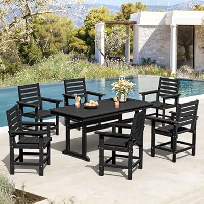 Homenjoy 7 Piece Patio Dining Set, 66" Rectangle HDPE Weather Resistant Outdoor Table & 6 Patio Chairs Set with 1.96" Umbrella Hole, Heavy Duty Chairs for Backyard Balcony Deck, Black