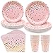 40 Piezas Vajilla para Fiesta de Cumpleaños, Rosa con Lunares de Oro Vajilla, Desechable Platos de Papel, Vasos y Servilletas Perfecto para Bodas, Aniversarios, Jardín Barbacoas (10 Invitados)