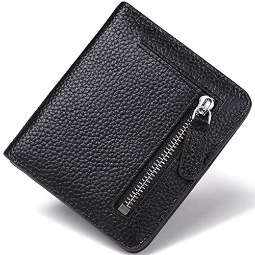 Womens Wallet Genuine Leather RFID Blocking Slim Minimalist Front Pocket Credit Card Holder with ID Window Black