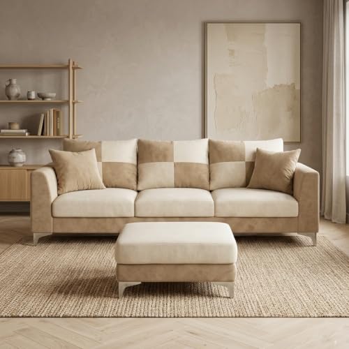 Image of Romeo Rich 4 Seater L Shape Sofa Set with Movable Ottomans | Flexible Layout | Velvet Suede Fabric | Golden Aesthetic Legs | Dual Tone Modern Sofa for Living Room (Beige-Cream)