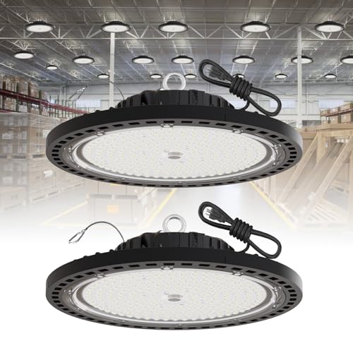 2 Pack UFO LED High Bay Light 200W, 29000 LM, 5000K with 5ft Power Cord, US Plug, Bright LED Shop Light for Basement Commercial Factory Garage Lighting, IP66 Waterproof, AC110-277V, ETL Listded