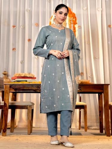 Image of Pinkmint Women Jacquard Silk Ethnic Kurta with Dupatta Suit for Women | Straight Fit Designer Wear with Woven Pattern & Tassel Dupatta | Availble in Plus Size