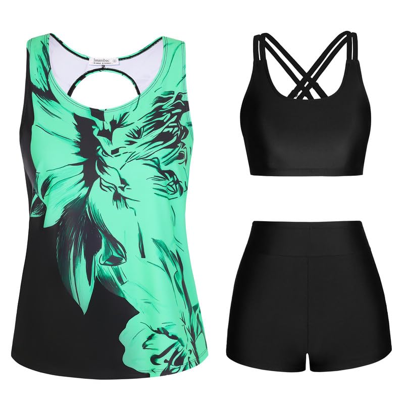 JASAMBAC 3-teiliger Tankini Damen Bauchweg, Push-up-Bikinioberteil und High Waist Badeshorts, einfache Badebekleidung, Damen-Sport-Badeanzug, Bademode für Schwimmbad, Strand