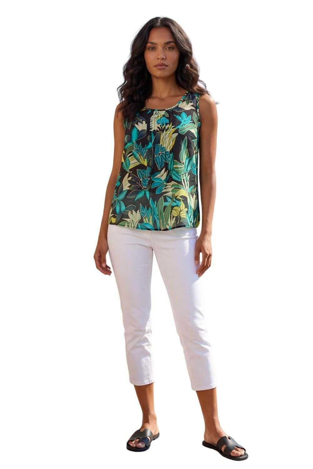Roman Women's Green Leaf Print Pleat Front Vest Top In Size 18
