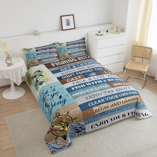Image of Feelyou Kids Happy Camping Bedding Set King Size, Bass Fish Duvet Insert Fishing Rules Comforter Set Boys Girls Rustic Teens Bedroom Decor 3Pcs