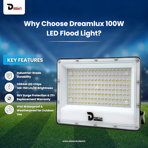 Image of Dreamlux LED Flood Light 100W, IP65 Waterproof Outdoor Light, Cool White 6500K, 130-140 lm /W, Aluminum Body, 6kV Surge Protection, BIS Certified Security Light (Pack of 3pc)