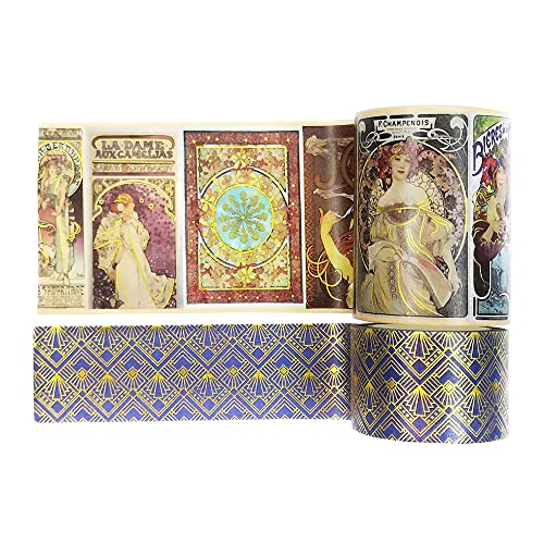 Alphonse Mucha Art Nouveau Washi Tape, 2 Sticker Tape Roll, Washi Tape Set, Gold Foil Washi Tape, Versatile Crafting Supplies, 10 Meters (394 Inches) Long - Serenity Fair