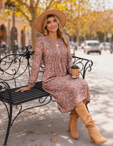 Image of Zeagoo Fall Dresses for Women Long Sleeve Midi Dress Casual A Line Dresses 2026 Pleated Flare Dress with Pockets
