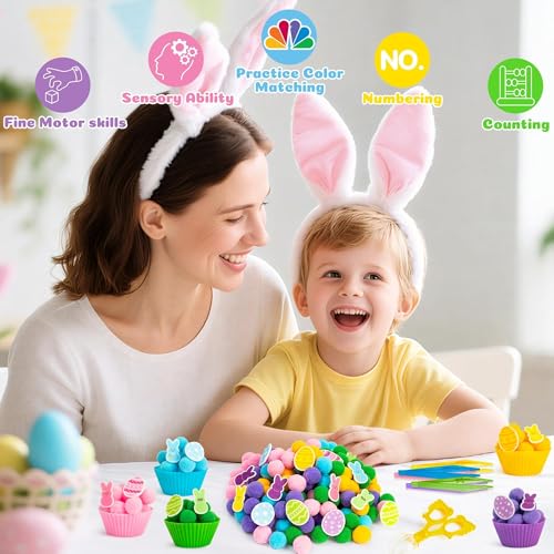 Image of EZdhuawuse Summer Sensory Bin Fillers Toys for Kids - 268 Summer Egg Bunny Fine Motor Toys Birthday Gift, Counting Sorting Toys with Felt Egg Rabbit Pom Pom Cup Clips, Preschool Learning Activitie