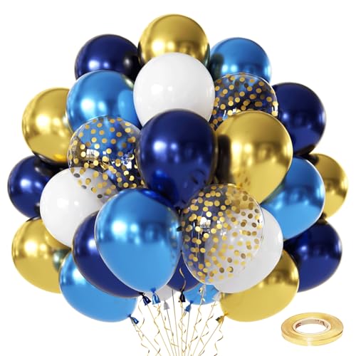 Image of Navy Blue and Gold Confetti Balloons - 50pcs 12 Inch Metallic Blue Gold Matte White Latex Balloons with 33 Feet String for Birthday Wedding Gender Reveal Party Decorations