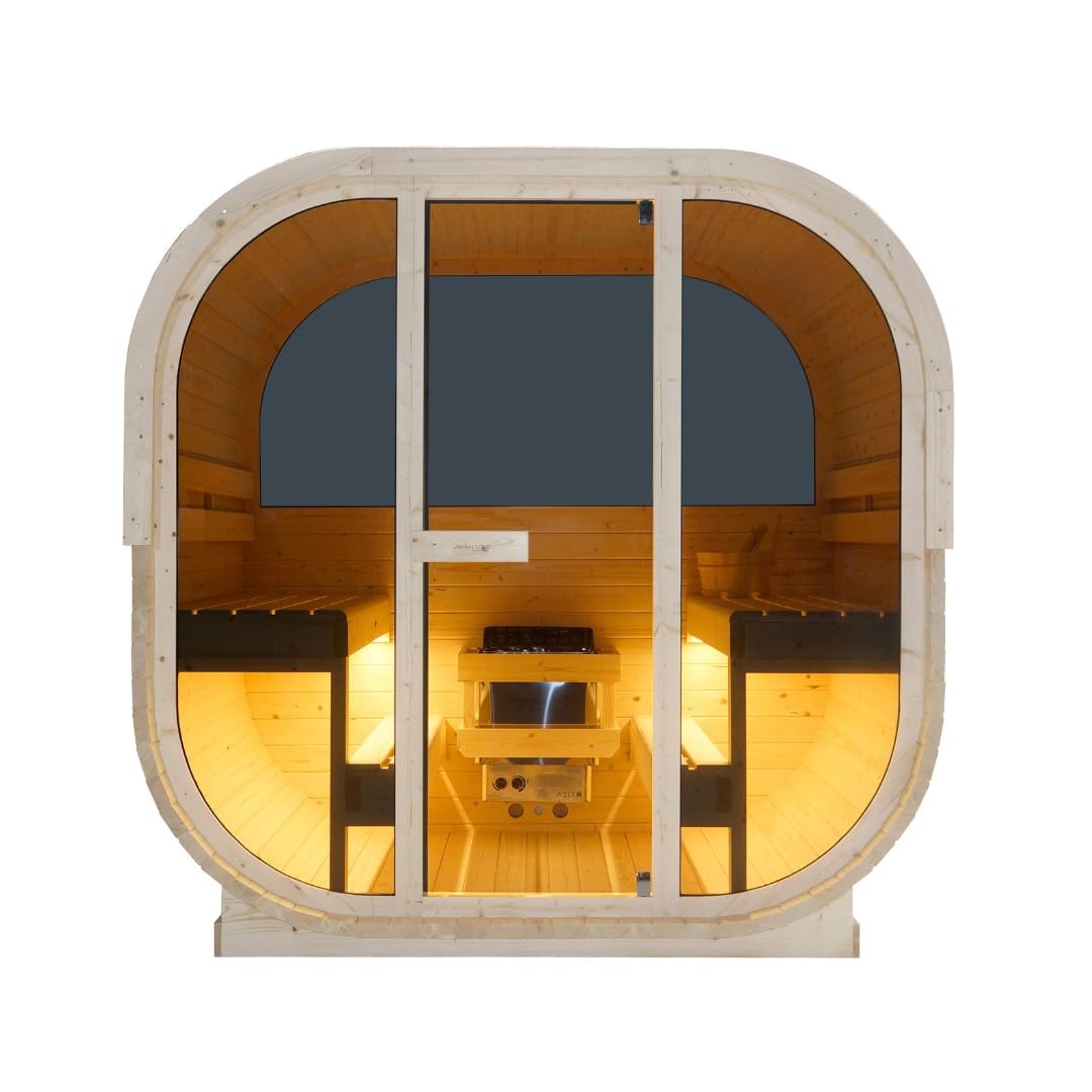 SANOTECHNIK Sauna extérieur Hanko - Sauna d'extérieur et cabine infrarouge pour 6 personnes 210 × 180 × 210 cm, four Harvia 8 kW, bois d'épicéa, verre ESG - N° d'article F60180