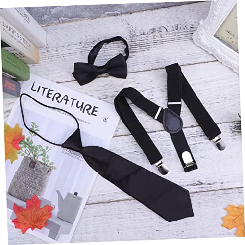 FRCOLOR 3Pcs Suspenders and Bow Tie Set Solid Color Elastic Clip Buckle Braces for Boys and Comfortable Back Design for Formal Occasions and Everyday Wear3