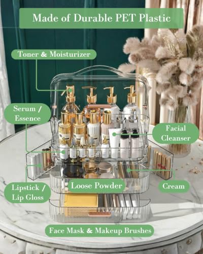 Image of LINFIDITE Cosmetics Storage Box Transparent Lid Large Makeup Organizer Box Drawers Portable Handle Waterproof Dustproof Skincare Display Cases for Countertop, Bathroom, Dresser, PET,Clear Green