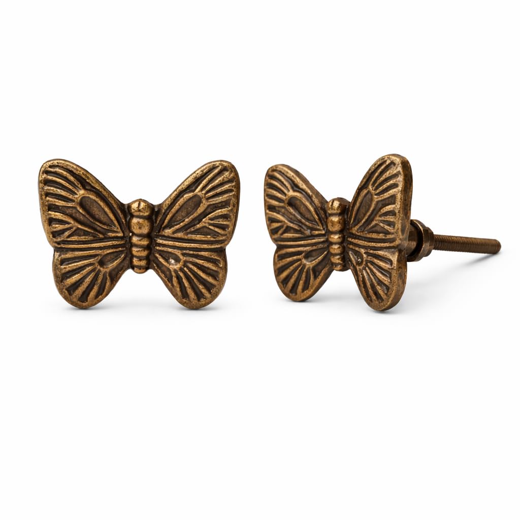 Set of 2 Solid Brass Cabinet Knobs – Vintage Antique Round Drawer Knobs with Handcrafted Textured Finish – Heavy Duty Kitchen Cupboard Pull Handles (6.8 cm Screw Length, 3.8 cm Base) (Butterfly D2)